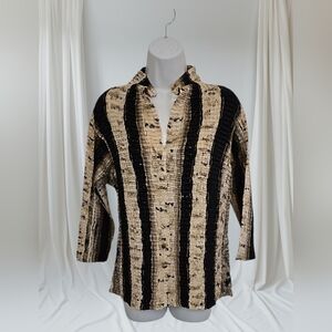 Women's Striped Black and Tan Button-Up Shirt